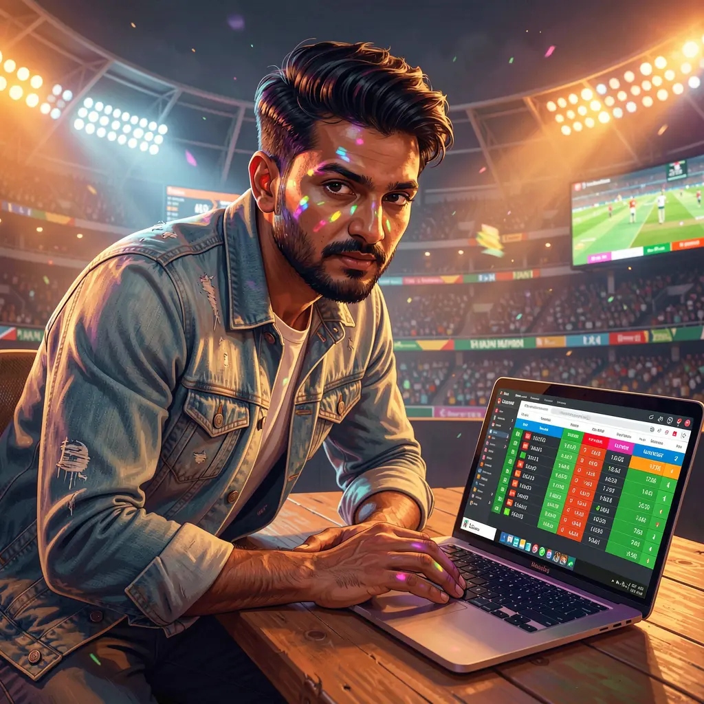 Focused Bangladeshi sports bettor analyzing live cricket odds on a laptop with dramatic lighting while placing bets on the GV888 platform