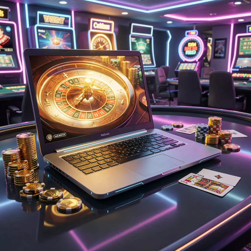 Modern laptop displaying a vibrant roulette wheel surrounded by casino chips and golden coins showcasing the immersive online casino experience at GV888 for players in Bangladesh