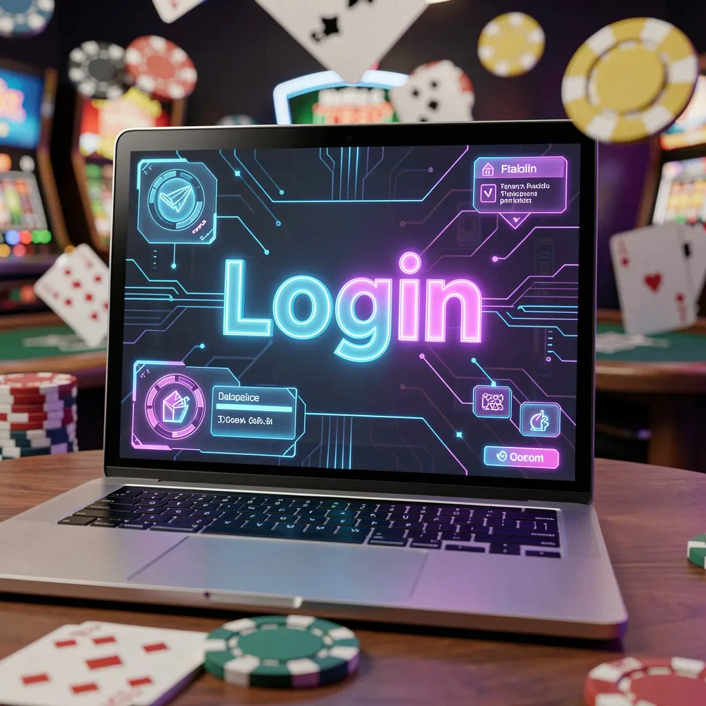 Modern laptop with a glowing login interface and blurred casino chips in the background representing secure GV888 account access for Bangladeshi players